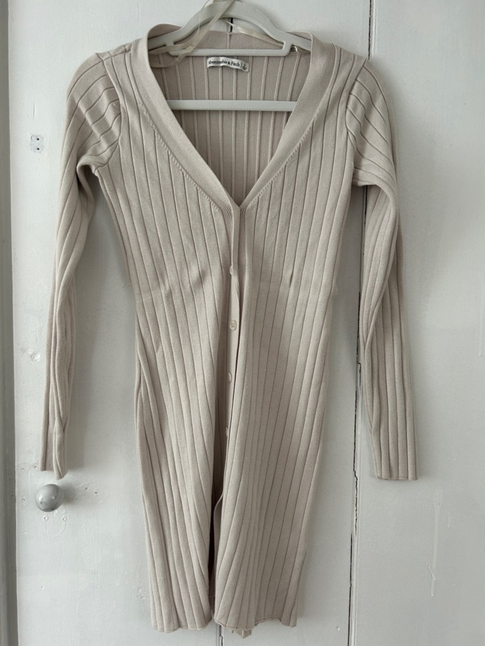 Abercrombie & Fitch Long-Sleeve Ribbed V-Neck Dress in Light Beige